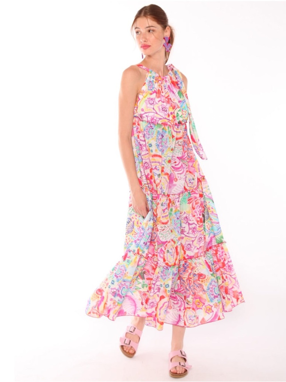 Vilagallo Cylia Watercolor Flower Print Maxi Dress Small